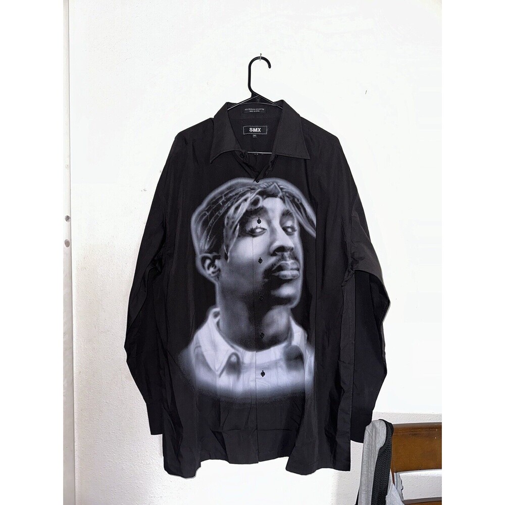 SMX Tupac Mens 3XL Black Long Sleeved Button Front Button Up Shirt Chest 56”